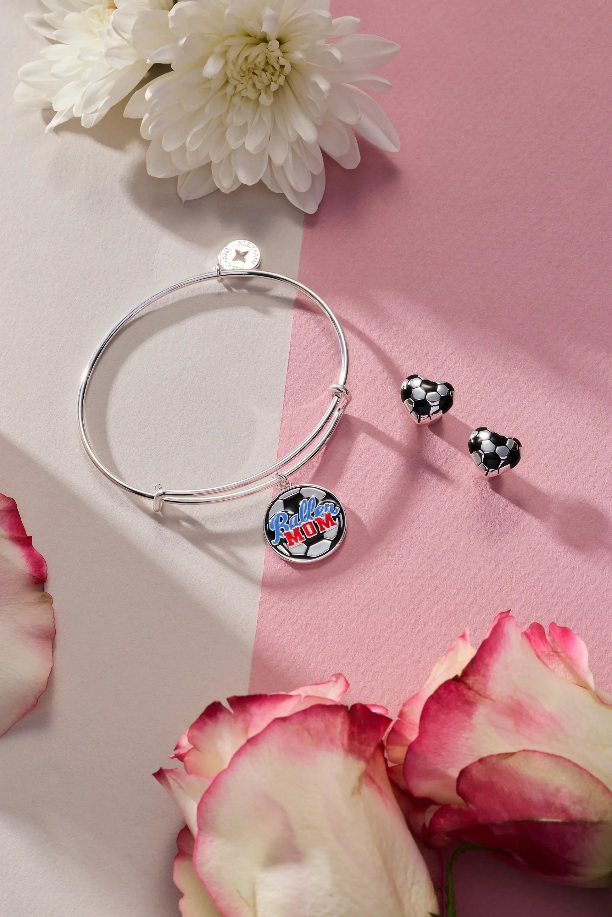 Soccer Heart Stud Earrings by Alex and Ani in silver with soccer ball heart charms on Tampa Home & Garden Store