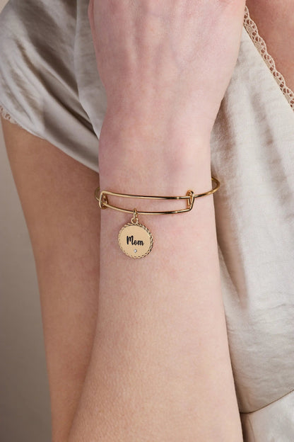 Bracelet goldtone Mom charm bangle with double bands and round pendant engraved Mom on Tampa Home & Garden Store