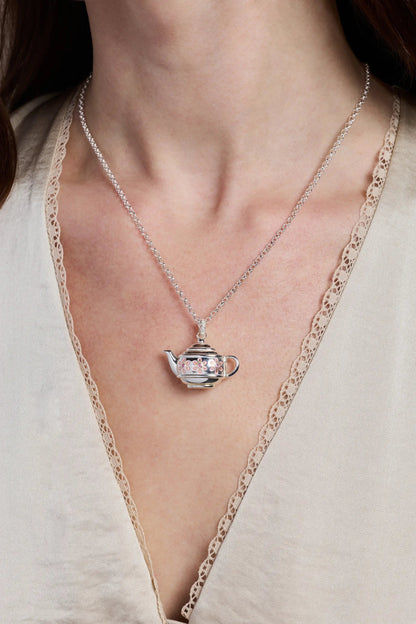 Alex and Ani Floral Teapot Locket Pendant Necklace with pink enamel flowers on a silver teapot pendant on Tampa Home & Garden Store