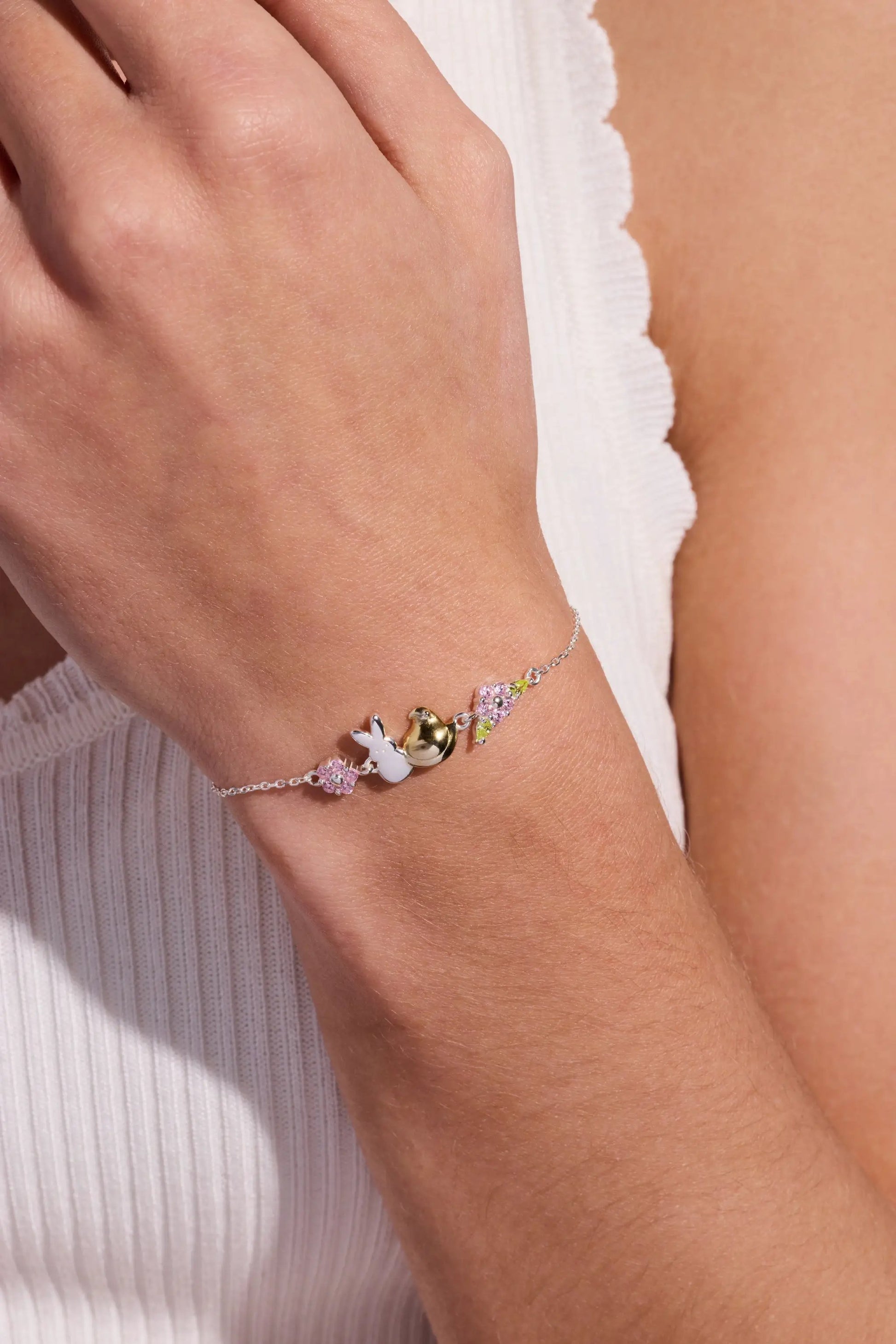 PEEPS Precious Peepsake bracelet by Alex and Ani with pink charms and white bunny on silver chain on Tampa Home & Garden Store