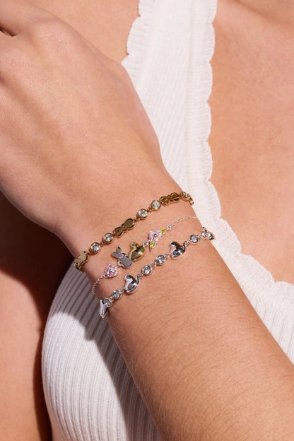 PEEPS Bunny Bolo Bracelet by ALEX AND ANI, gold-tone charm stack with crystal beads on wrist on Tampa Home & Garden Store