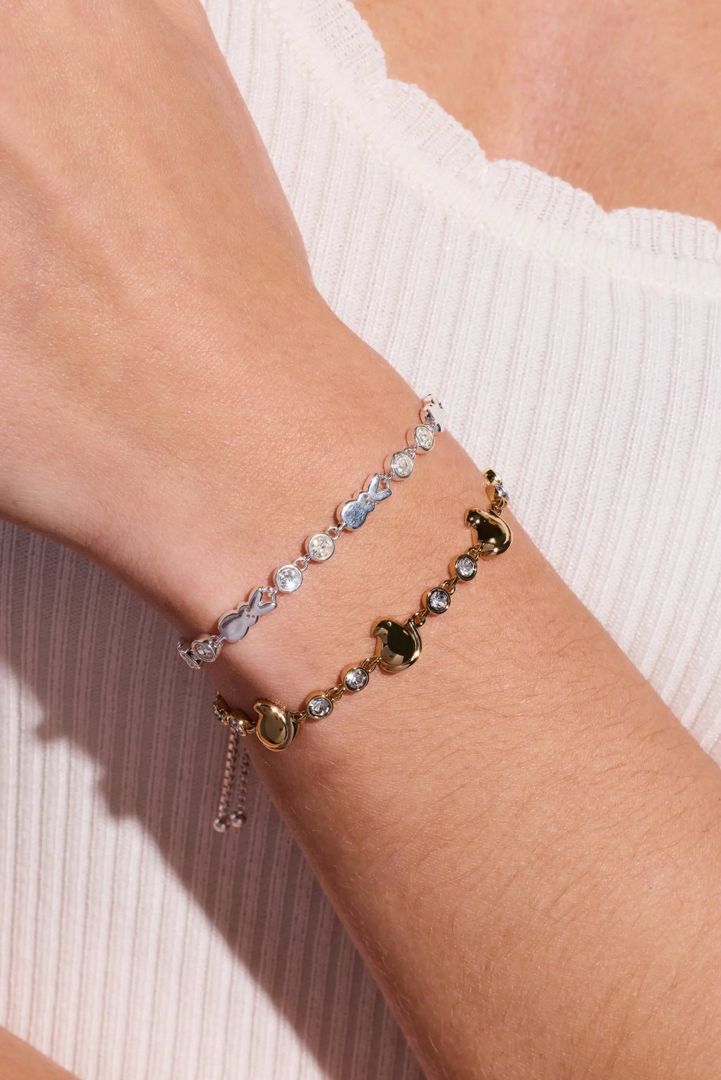 Peeps Bunny Bolo Bracelet set by ALEX AND ANI in silver and gold tones with crystal accents on Tampa Home & Garden Store