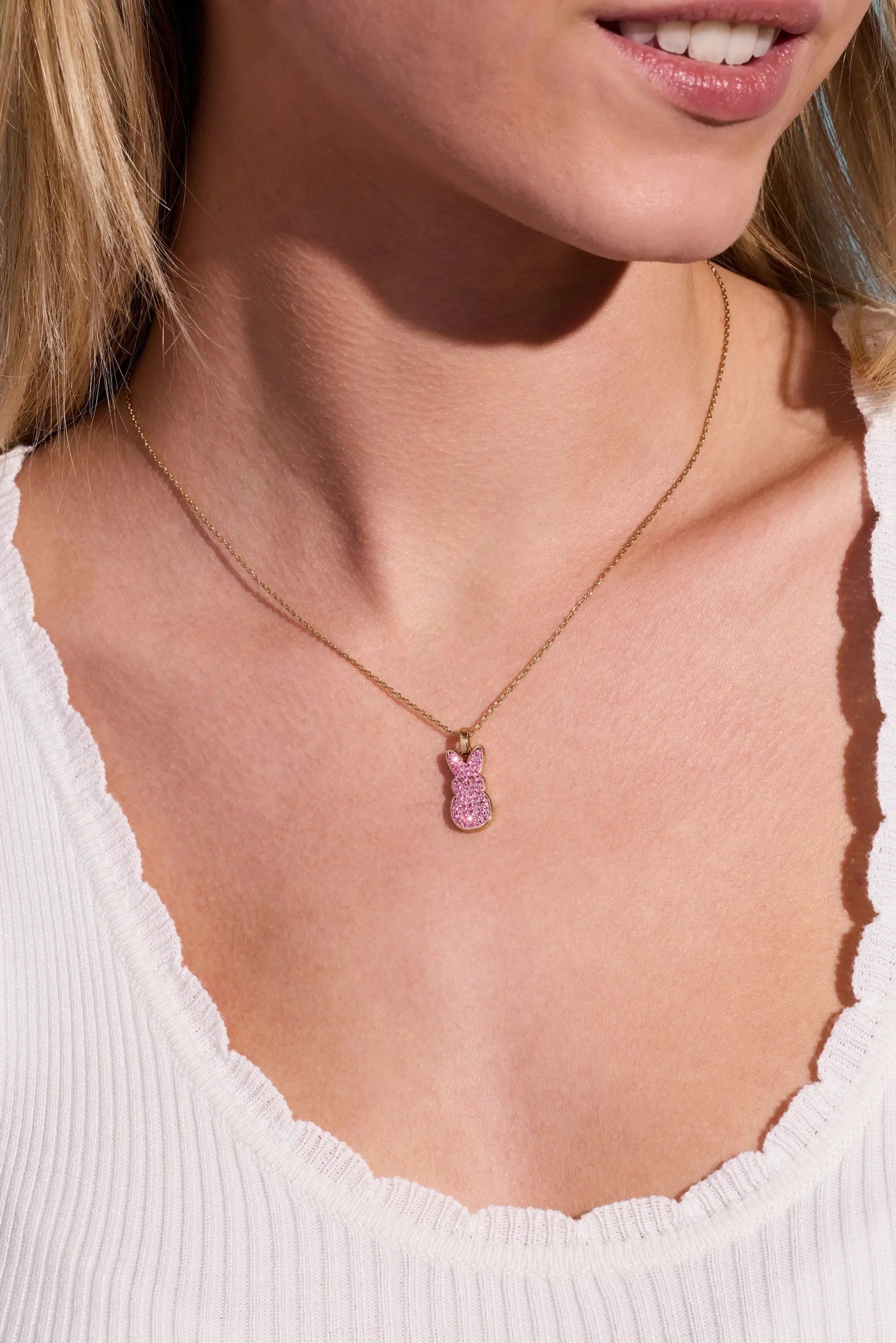 PEEPS Pink Crystal Bunny Pendant Necklace by ALEX AND ANI on delicate gold chain on Tampa Home & Garden Store