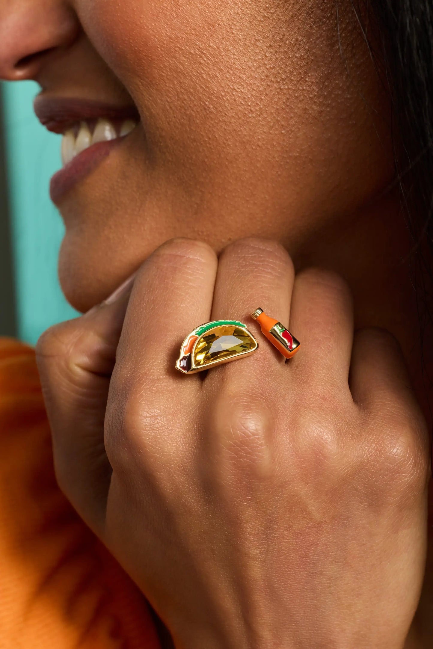 Taco Open Ring by ALEX AND ANI, gold-tone with yellow gem and enamel accents, 2 rings on finger on Tampa Home & Garden Store