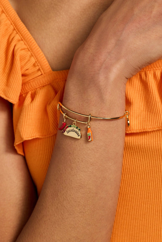 Tacotarian bangle by Alex and Ani goldtone taco and chili pepper charms on wrist on Tampa Home & Garden Store