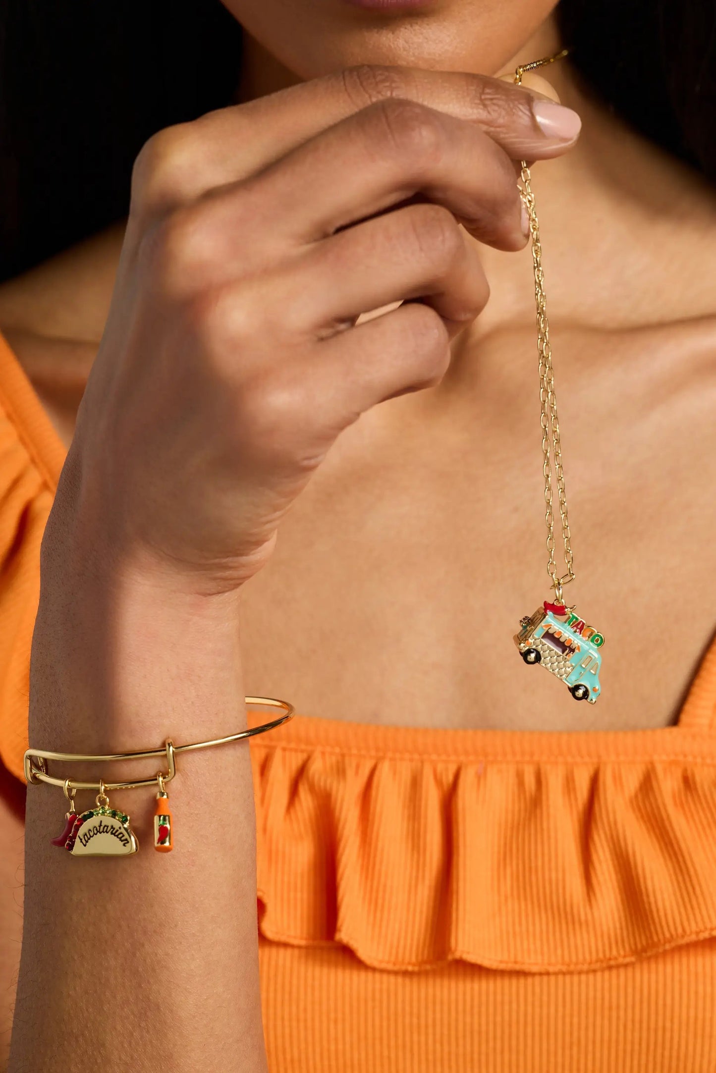 Tacotarian Multi Charm Bangle by ALEX AND ANI, gold-tone with taco-inspired charms on Tampa Home & Garden Store
