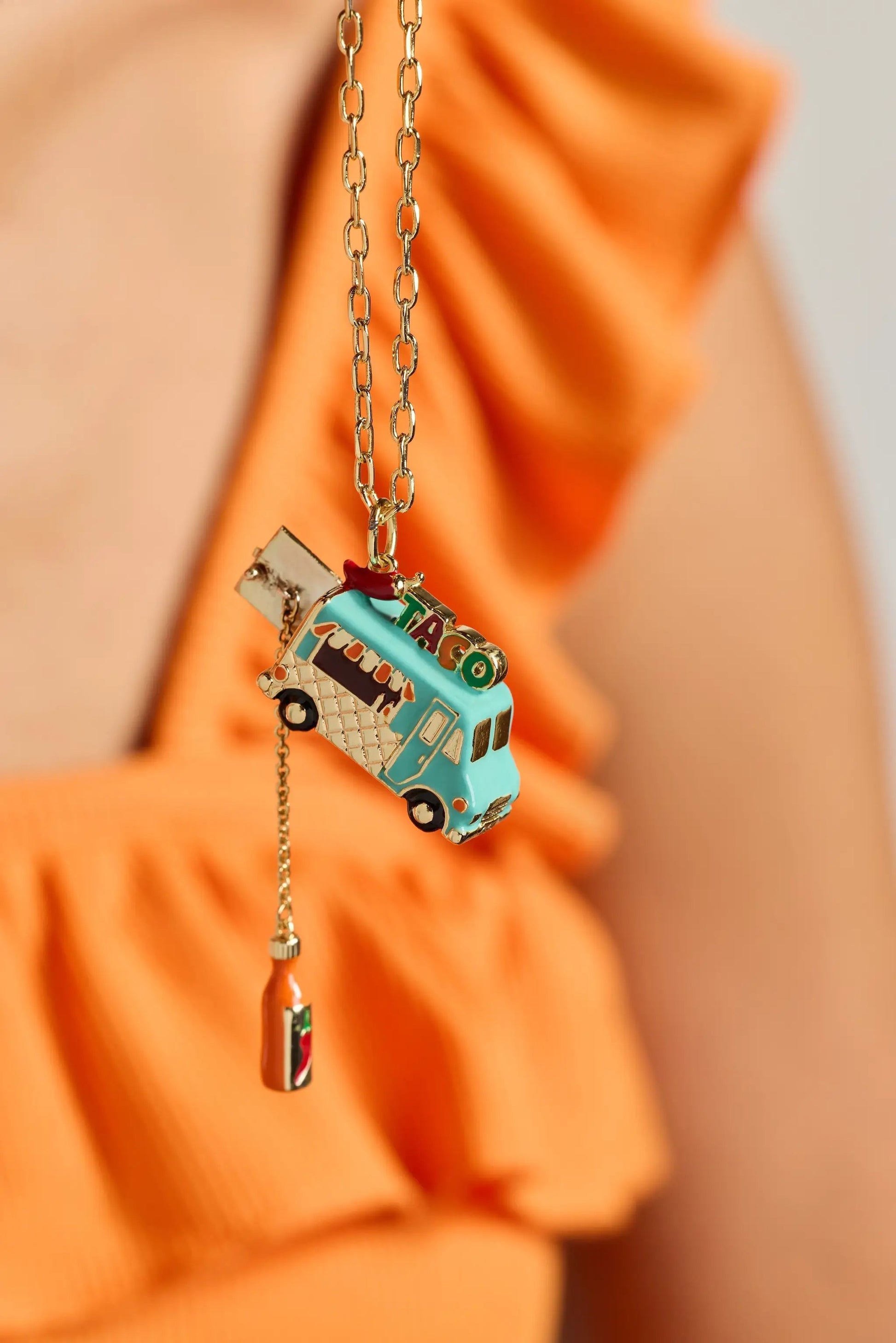Taco Truck Locket Necklace turquoise pendant on a gold chain on Tampa Home & Garden Store