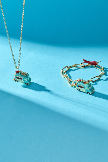 Taco Truck Toggle Bracelets (2) by ALEX AND ANI with turquoise truck charms on gold-tone chains on Tampa Home & Garden Store