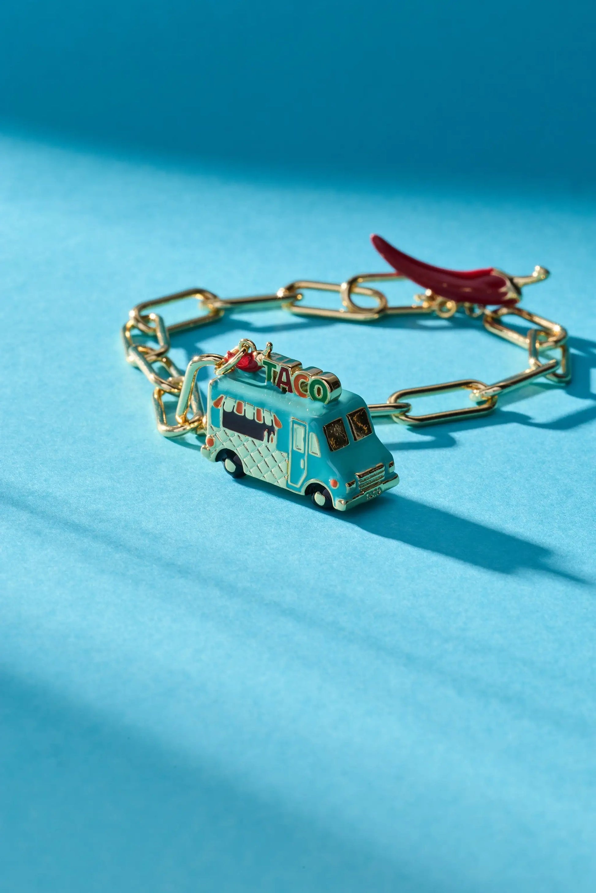 Taco Truck Toggle Bracelet ALEX AND ANI turquoise truck charm and red chili pepper on gold chain on Tampa Home & Garden Store