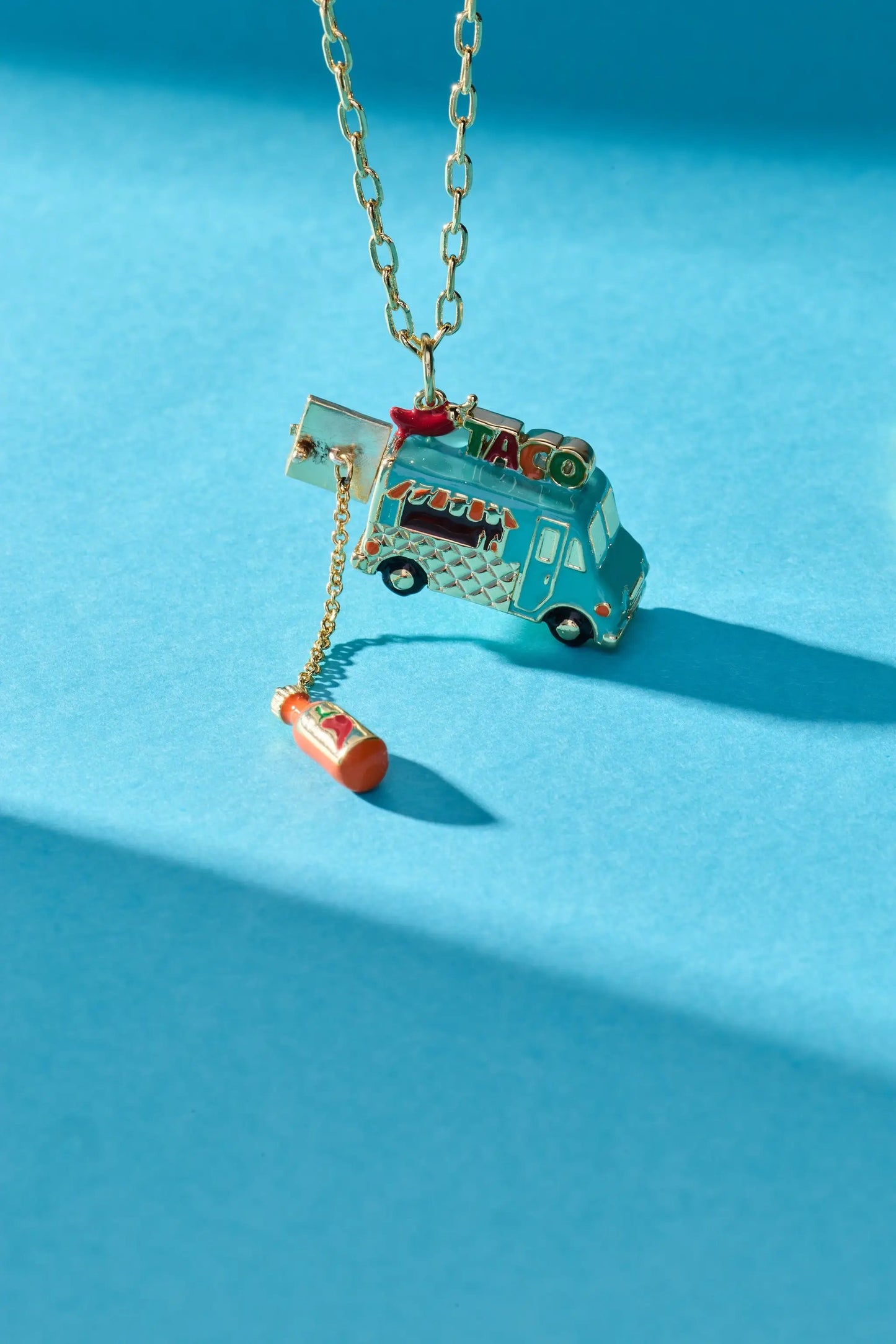 Taco Truck Locket Necklace turquoise enamel truck pendant on gold chain on Tampa Home & Garden Store