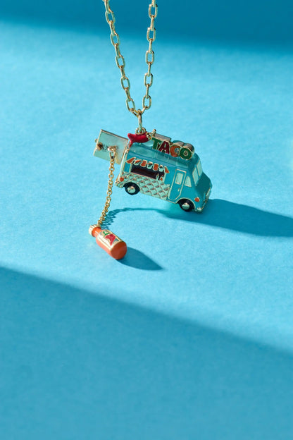 Taco Truck Locket Necklace turquoise enamel truck pendant on gold chain on Tampa Home & Garden Store