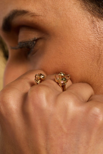 Tea Party Ring with Teapot Teacup Smoky Quartz