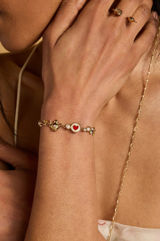 Tea Party Bolo Bracelet by ALEX AND ANI, gold-tone with heart charm and pearl beads on Tampa Home & Garden Store