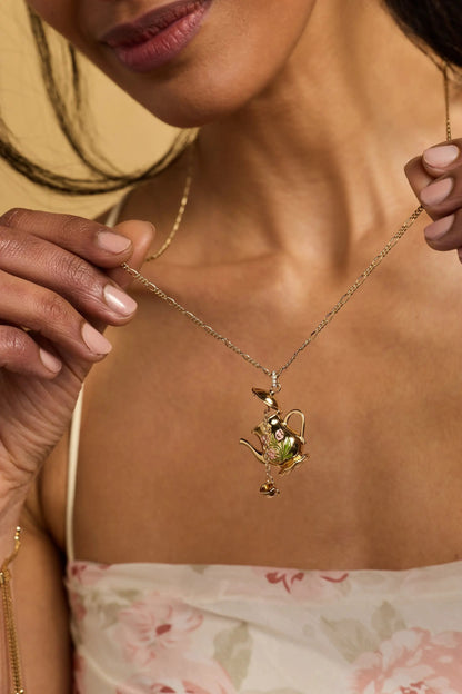 Tea Party Kettle Locket Necklace by Alex and Ani, gold-tone chain with enamel floral teapot pendant on Tampa Home & Garden Store