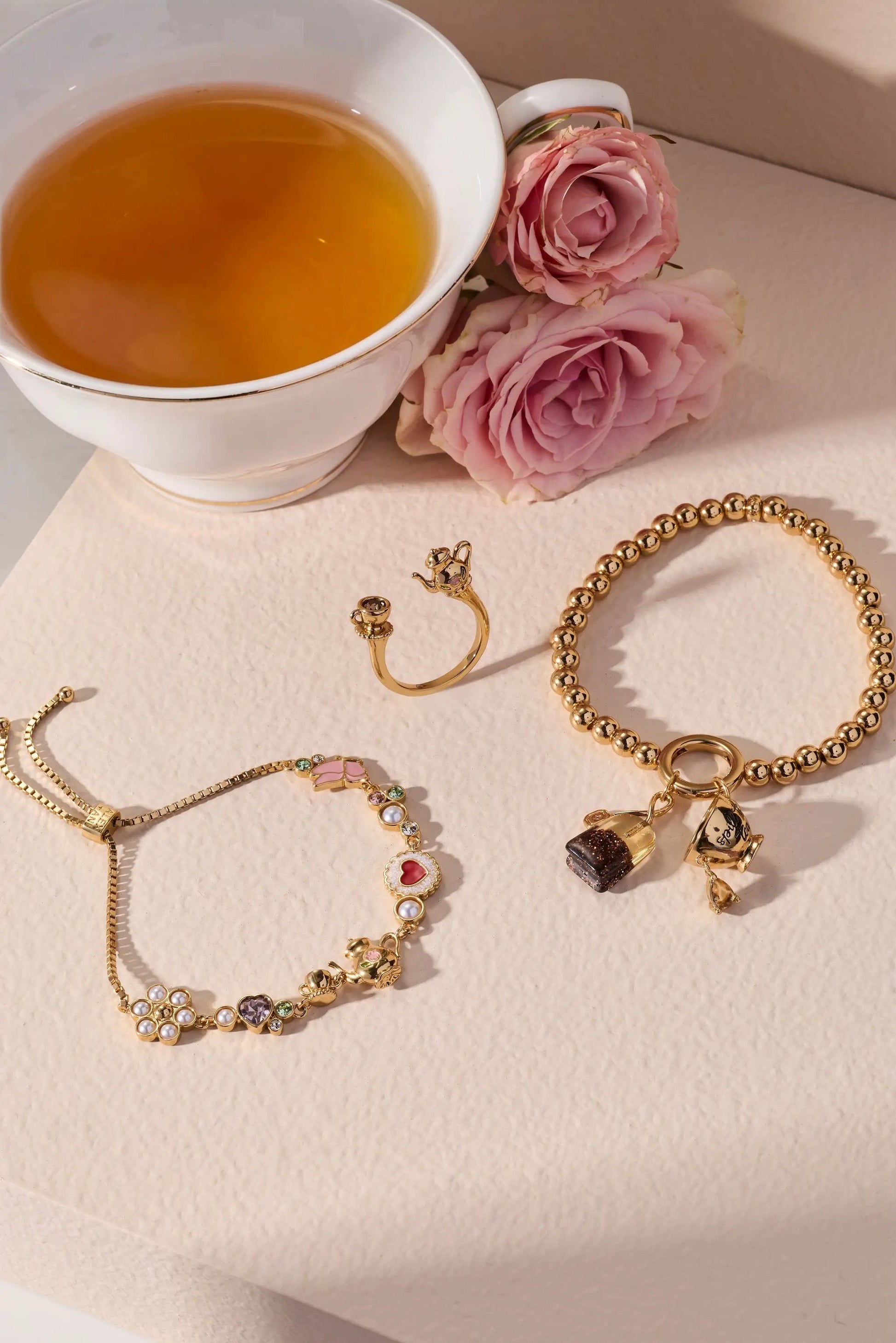 Tea Party Bolo Bracelet by ALEX AND ANI, gold-tone beaded charm bracelet on Tampa Home & Garden Store