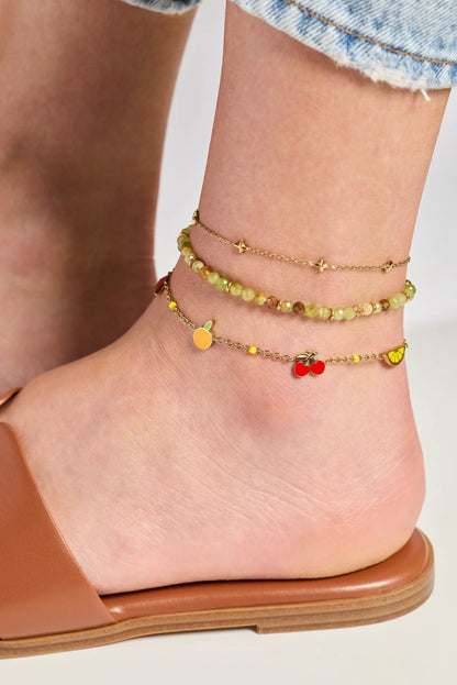 Green ombre beaded anklets set, 4 layered gold chains with charms on ankle on Tampa Home & Garden Store