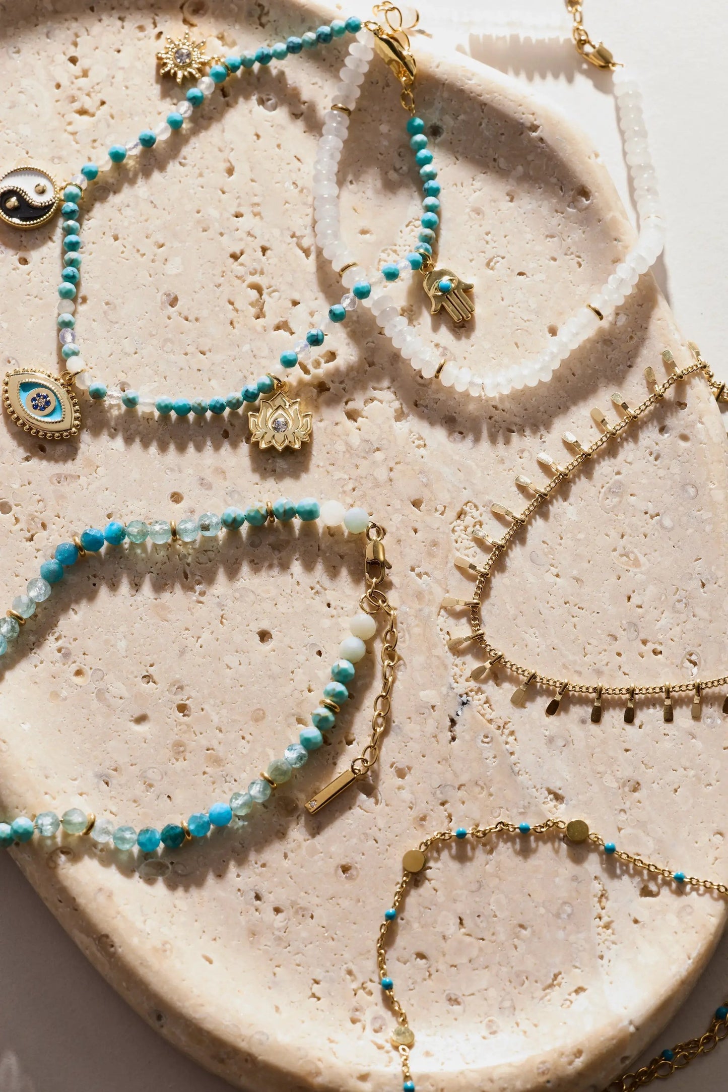 Healing Stone Charm Anklet by ALEX AND ANI in turquoise and white beads with gold charms on Tampa Home & Garden Store