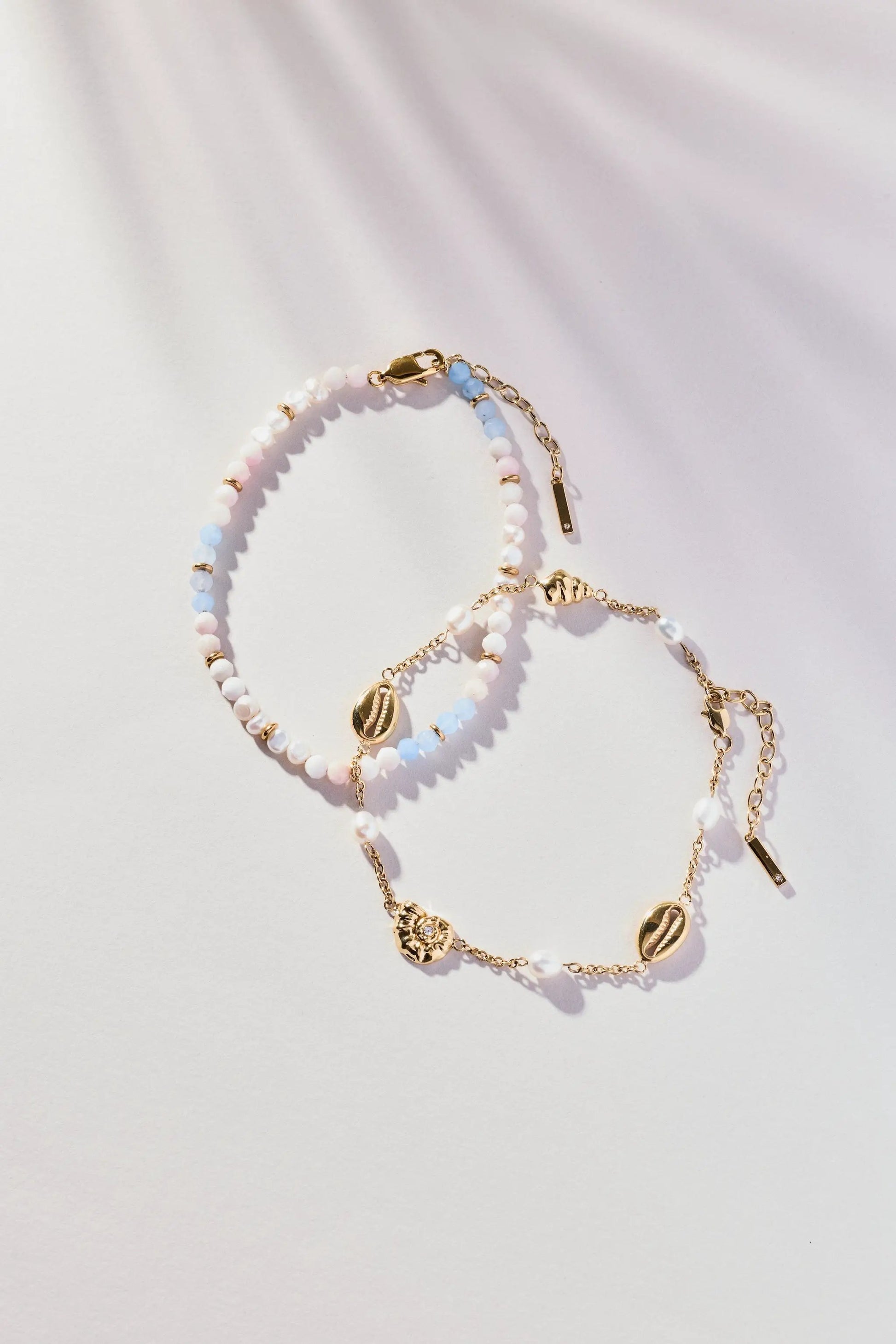 Seashell & Pearl Inline Charm Anklet with pastel beads and gold chain by ALEX AND ANI on Tampa Home & Garden Store
