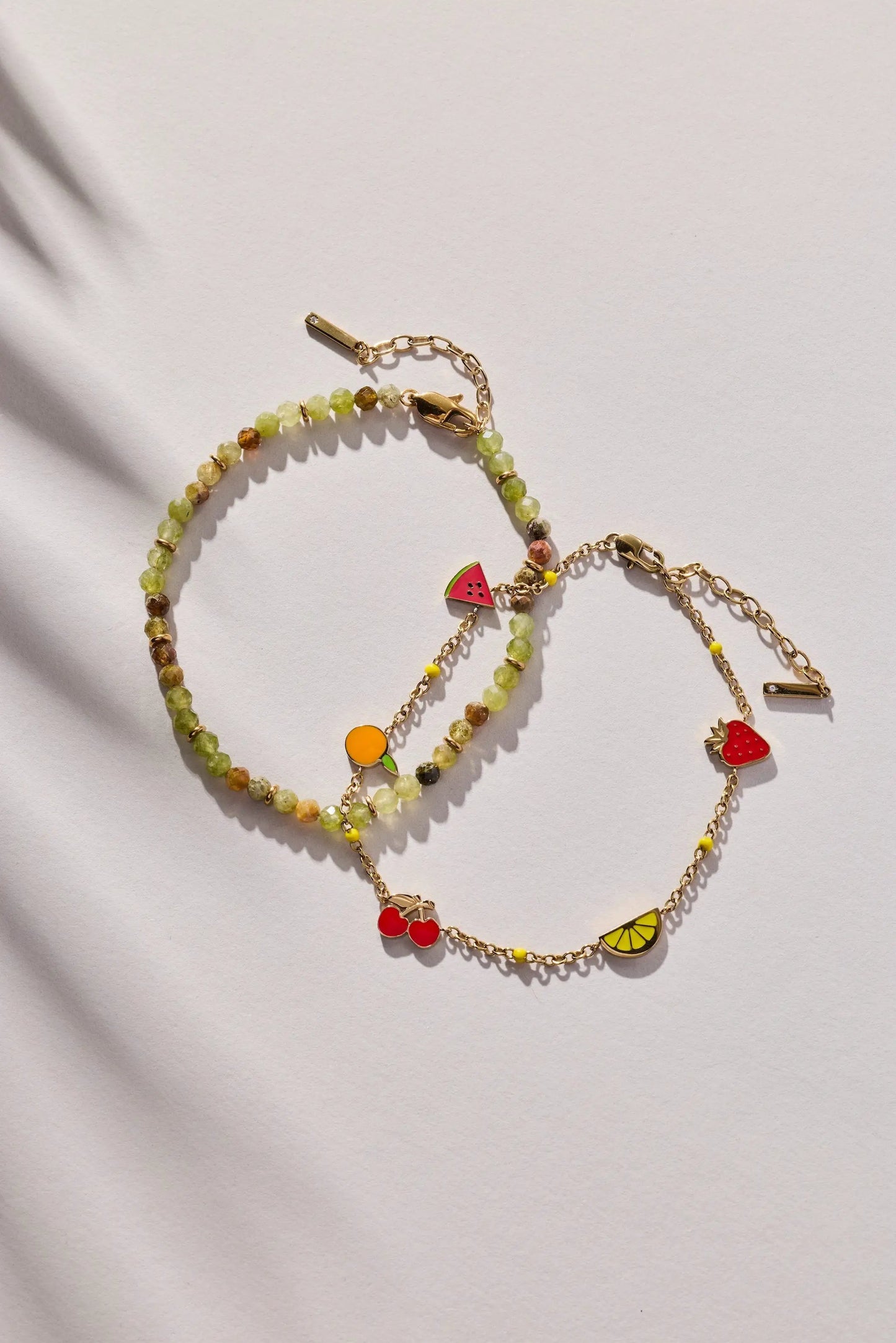Fruit Inline Charm Anklet ALEX AND ANI with green beads and fruit charms on a gold chain on Tampa Home & Garden Store