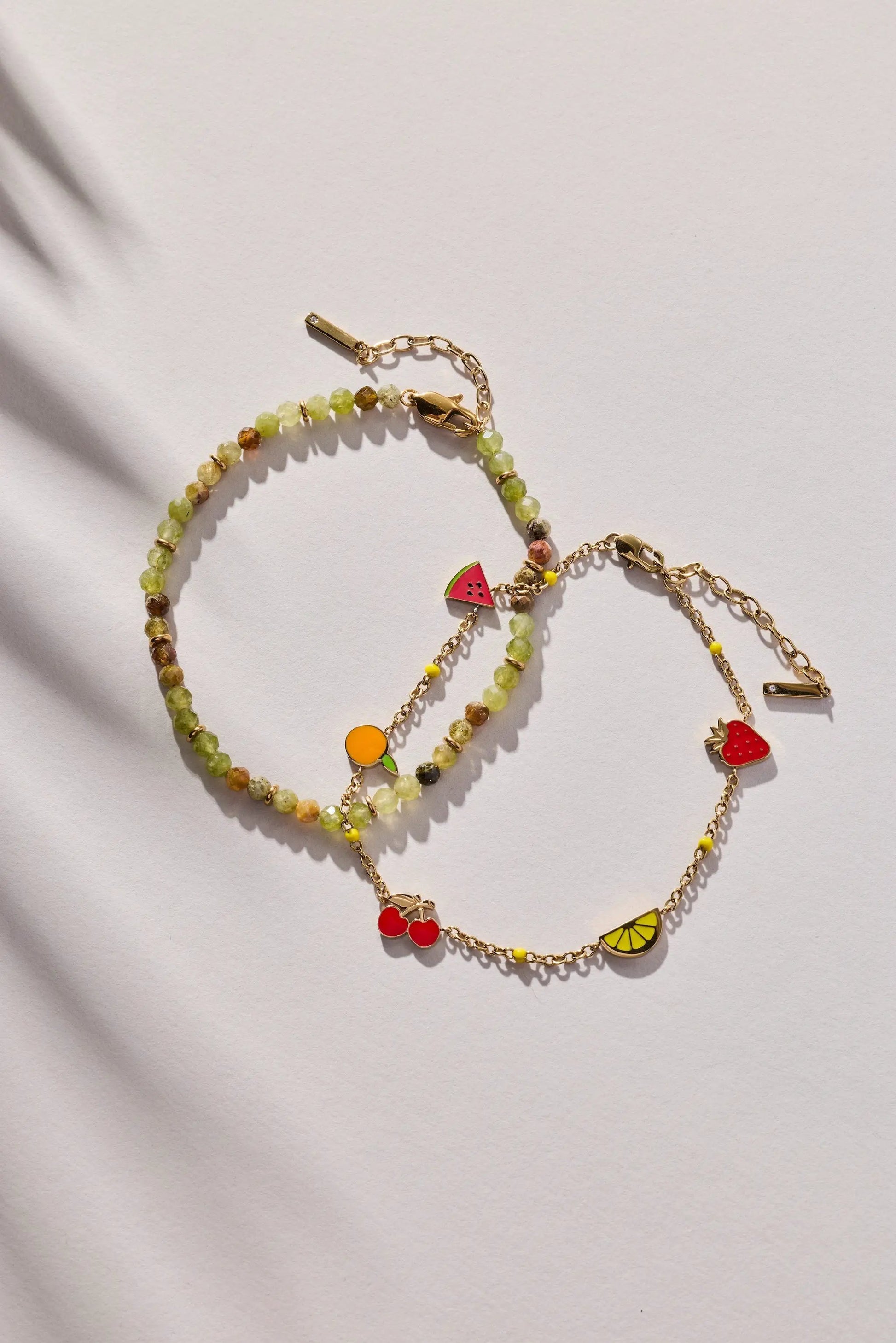 Green Ombre Semi-Precious Beaded Anklet with gold-tone chain and fruit charms by ALEX AND ANI on Tampa Home & Garden Store
