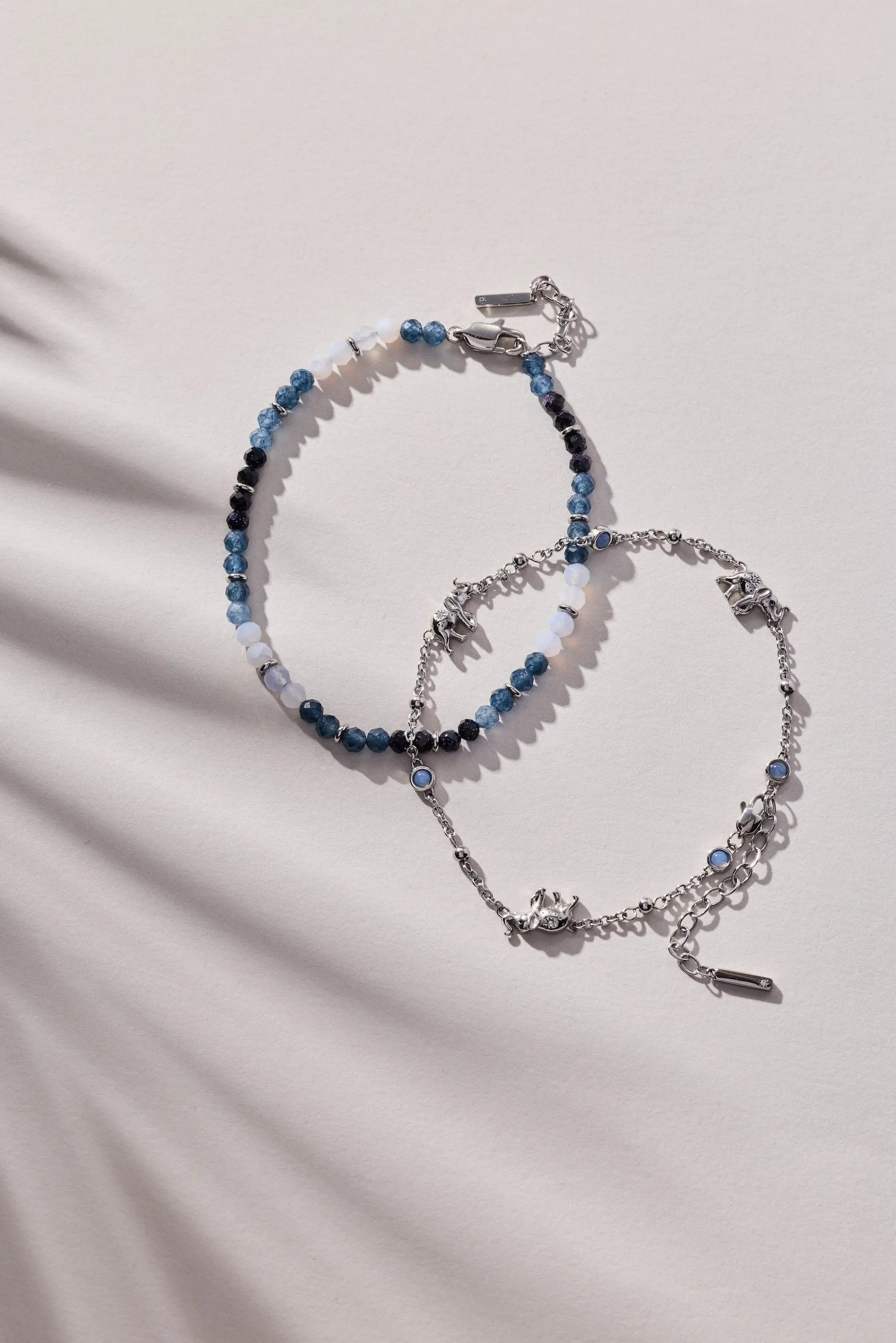 Elephant Inline Charm Anklet by ALEX AND ANI with blue and white beads and silver chain on Tampa Home & Garden Store