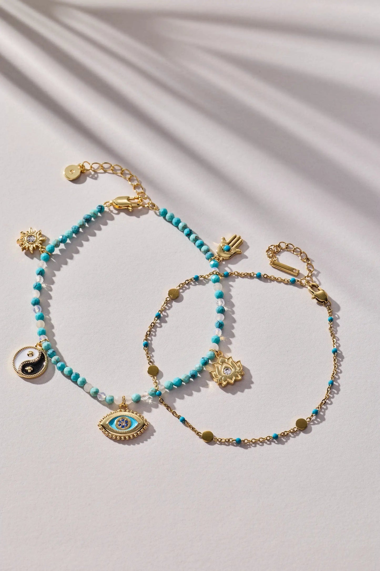Healing Stone Charm Anklet by ALEX AND ANI with turquoise beads and gold chain charms on Tampa Home & Garden Store