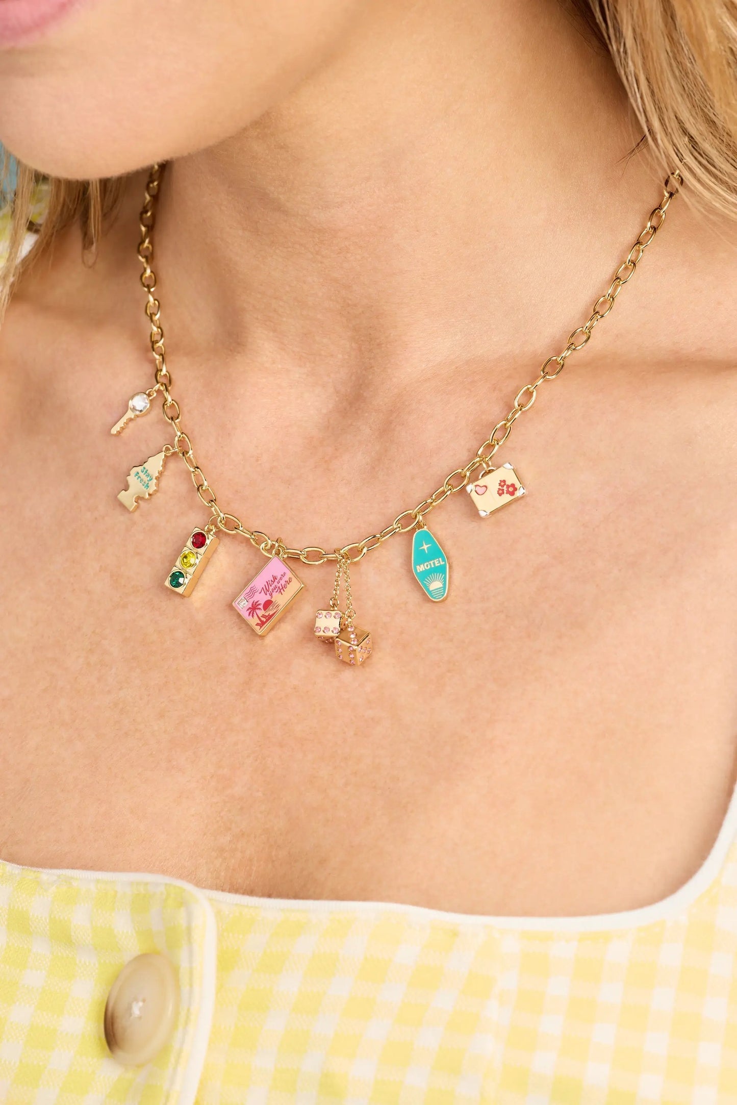 Road Trip Multi-Charm Necklace by ALEX AND ANI, gold-tone chain with travel charms on Tampa Home & Garden Store