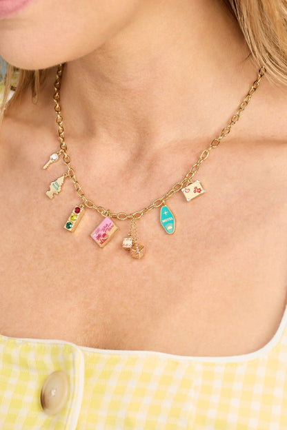 Road Trip Multi-Charm Necklace by ALEX AND ANI, gold-tone chain with travel charms on Tampa Home & Garden Store
