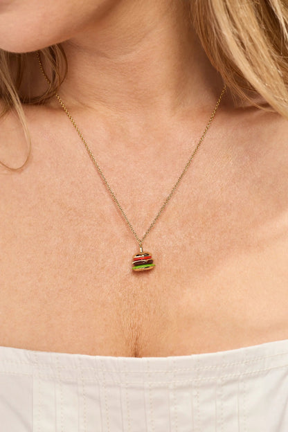 Hamburger pendant necklace by ALEX AND ANI with colorful stacked bun layers on gold chain on Tampa Home & Garden Store