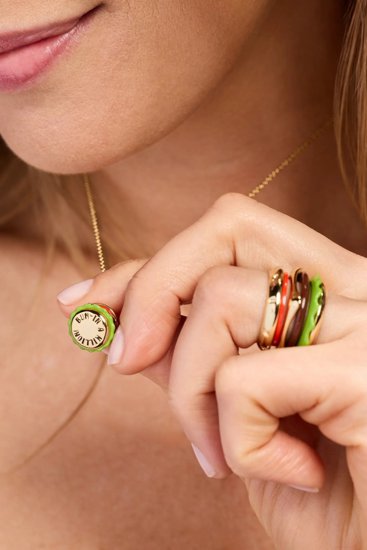 Hamburger pendant Bun In A Million necklace by Alex and Ani with gold chain and enamel charm on Tampa Home & Garden Store