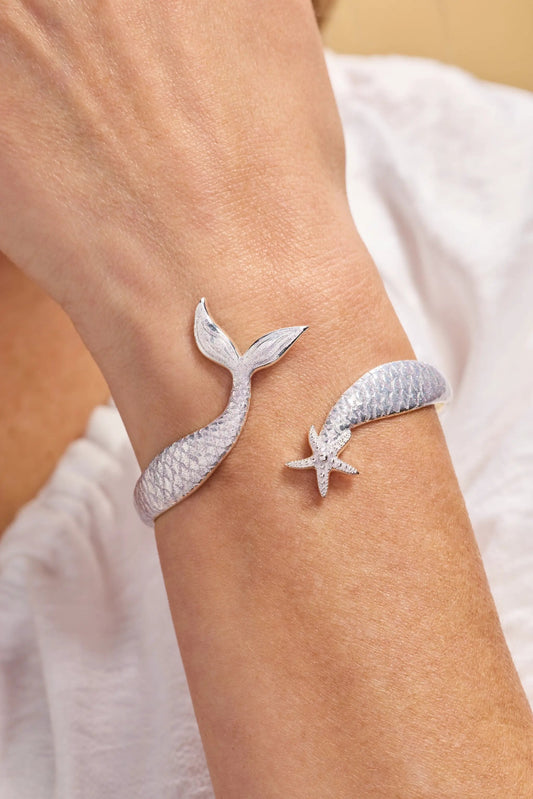 Silver mermaid-tail cuff bracelet with starfish charm, textured scale band on Tampa Home & Garden Store