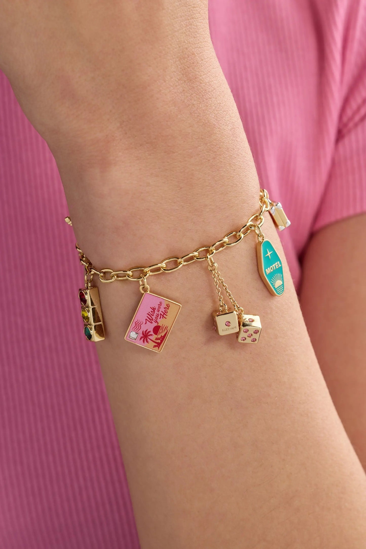 Road Trip Multi-Charm Bracelet gold-tone chain by ALEX AND ANI with motel teal charm and dice on Tampa Home & Garden Store
