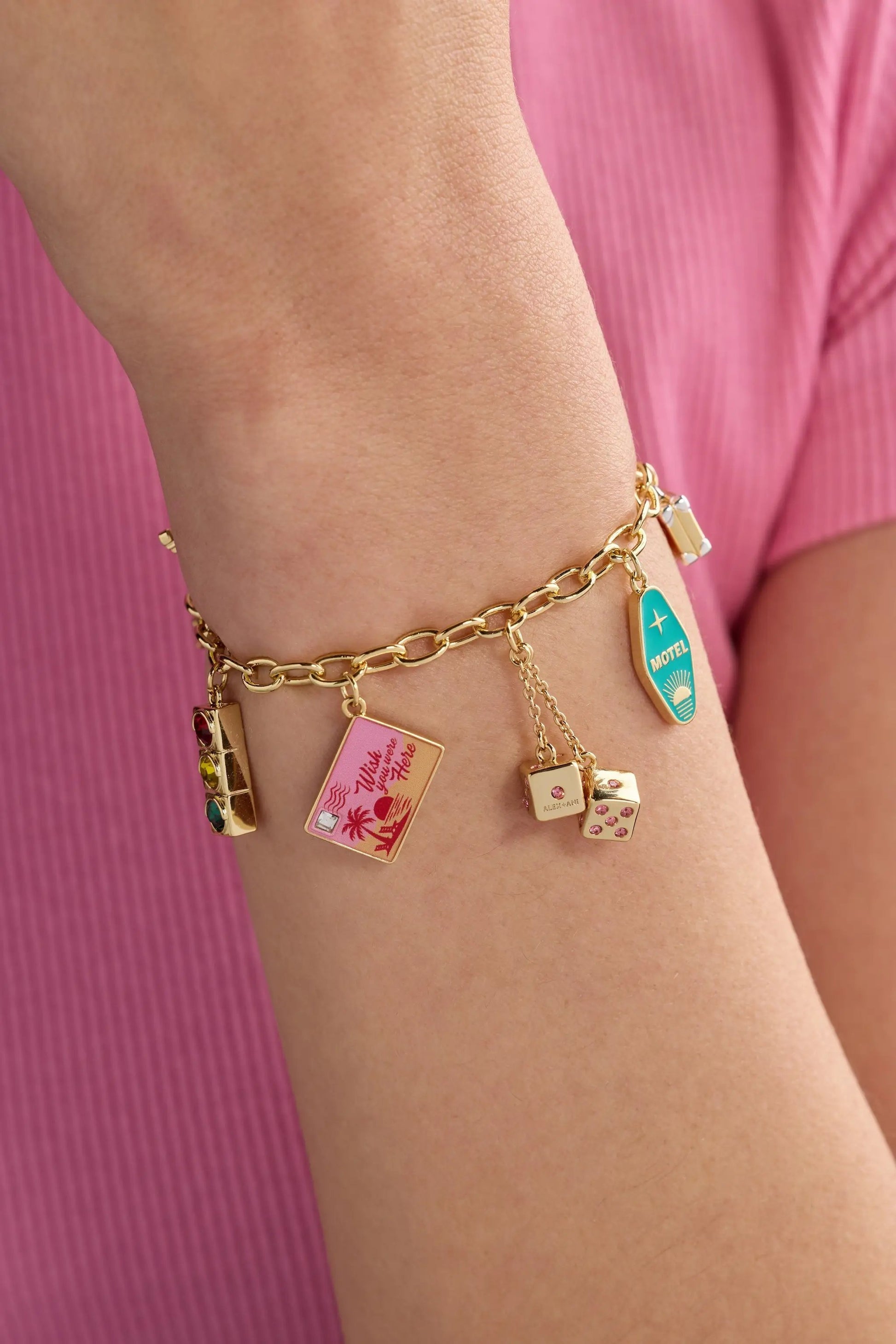 Road Trip Multi-Charm Bracelet gold-tone chain by ALEX AND ANI with motel teal charm and dice on Tampa Home & Garden Store
