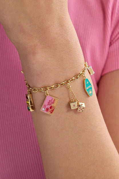 Road Trip Multi-Charm Bracelet gold-tone chain by ALEX AND ANI with motel teal charm and dice on Tampa Home & Garden Store