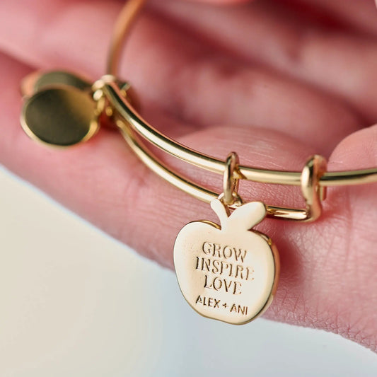 Teacher Grow Inspire Love Apple Charm Bangle bracelet by Alex and Ani, gold-tone with engraved disc charm on Tampa Home & Garden Store