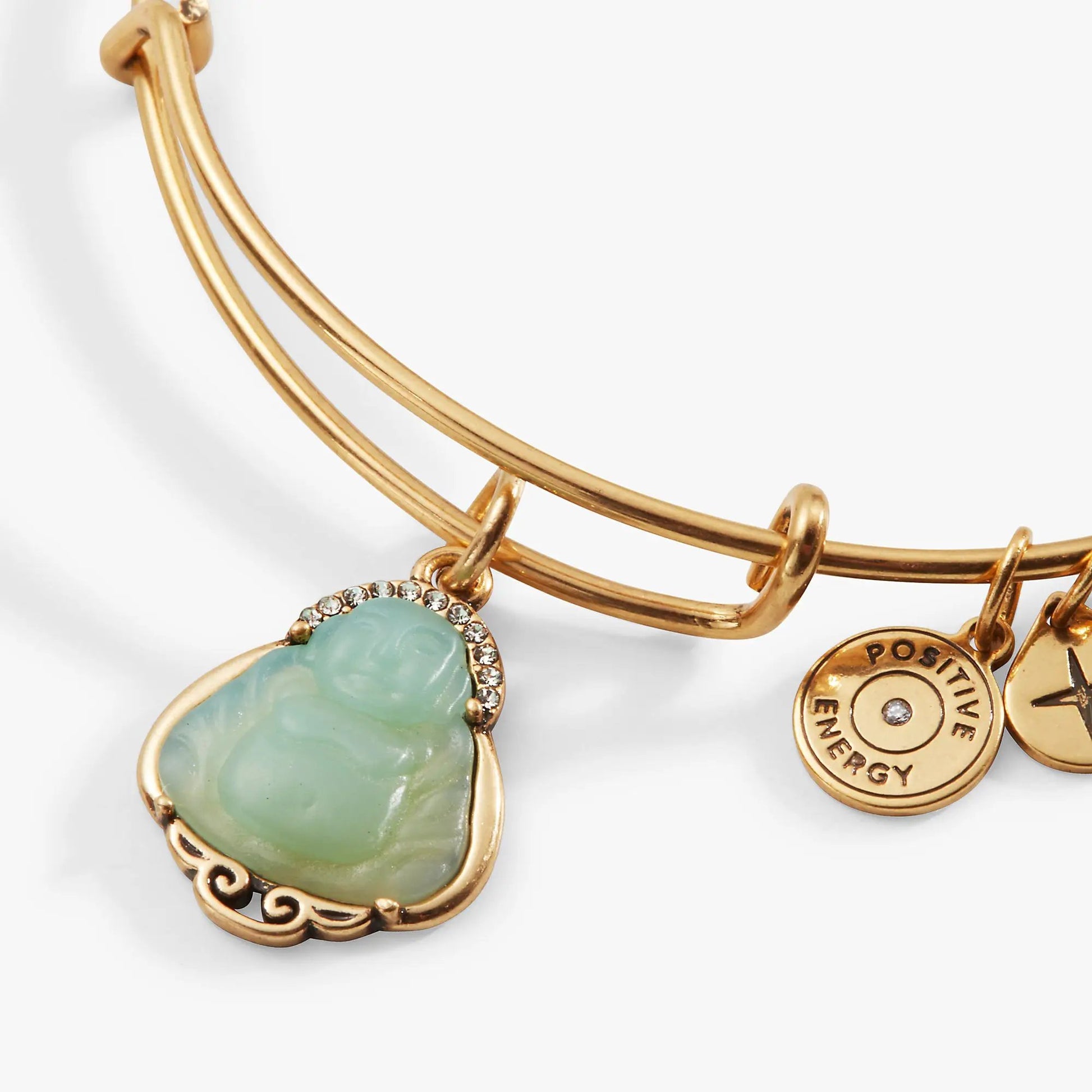 Buddha Charm Bangle by Alex and Ani, gold-tone bracelet with turquoise pendant and crystal halo on Tampa Home & Garden Store