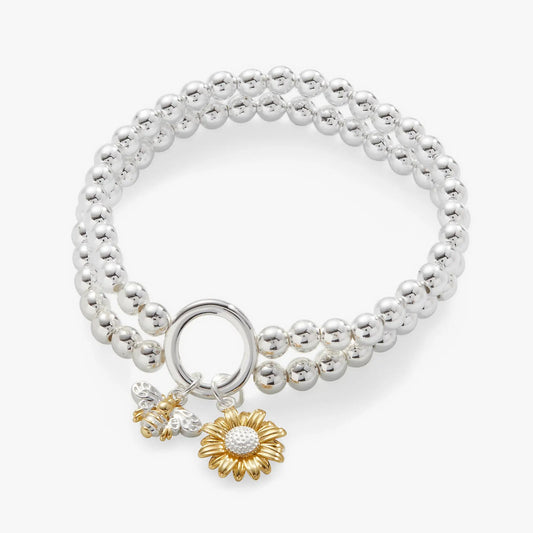 Sunflower + Bee Double Stretch Bracelet by ALEX AND ANI silver beads with gold sunflower charm on Tampa Home & Garden Store