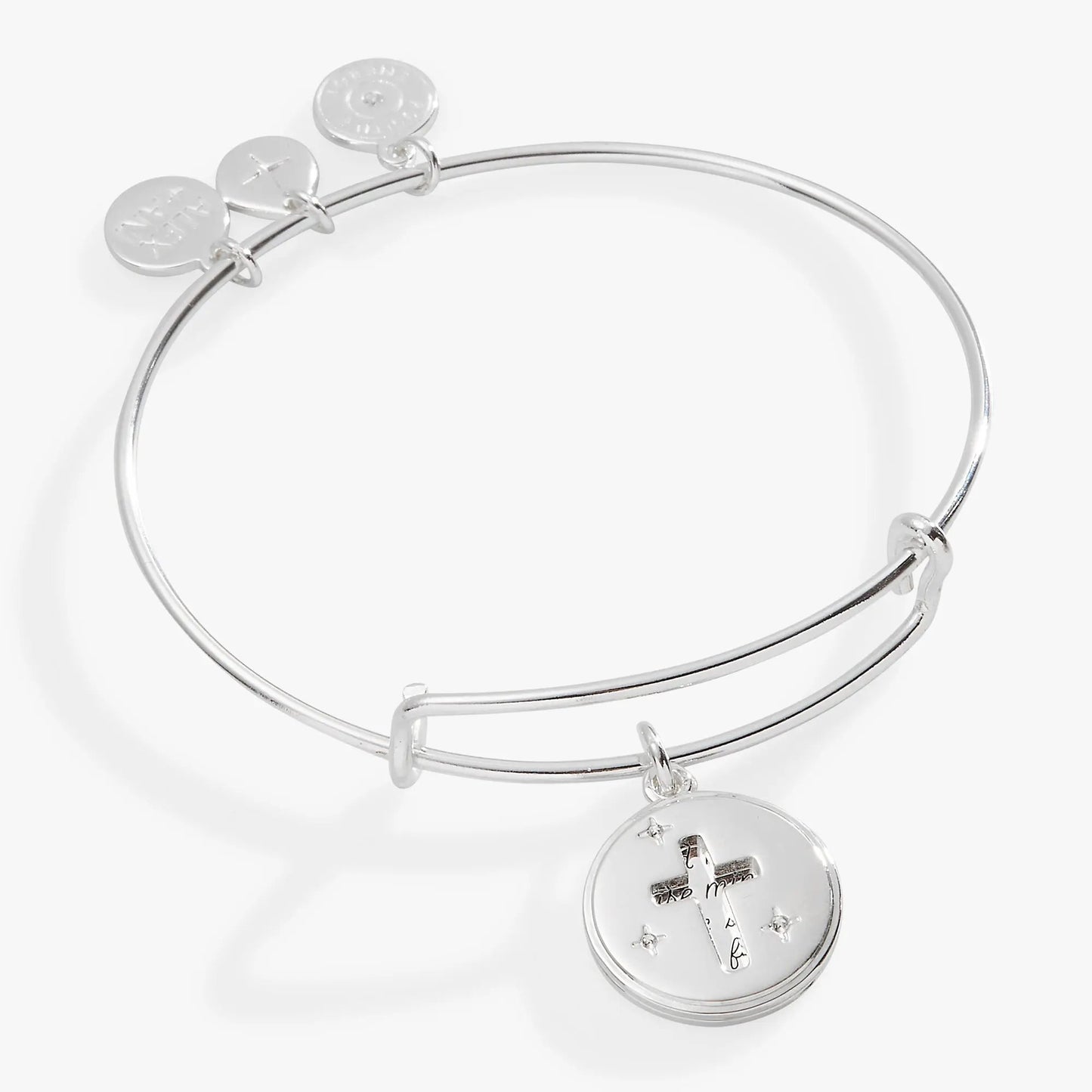 Hidden Message Cross Affirmation Bangle, silver-tone bracelet with round discs, Alex and Ani on Tampa Home & Garden Store