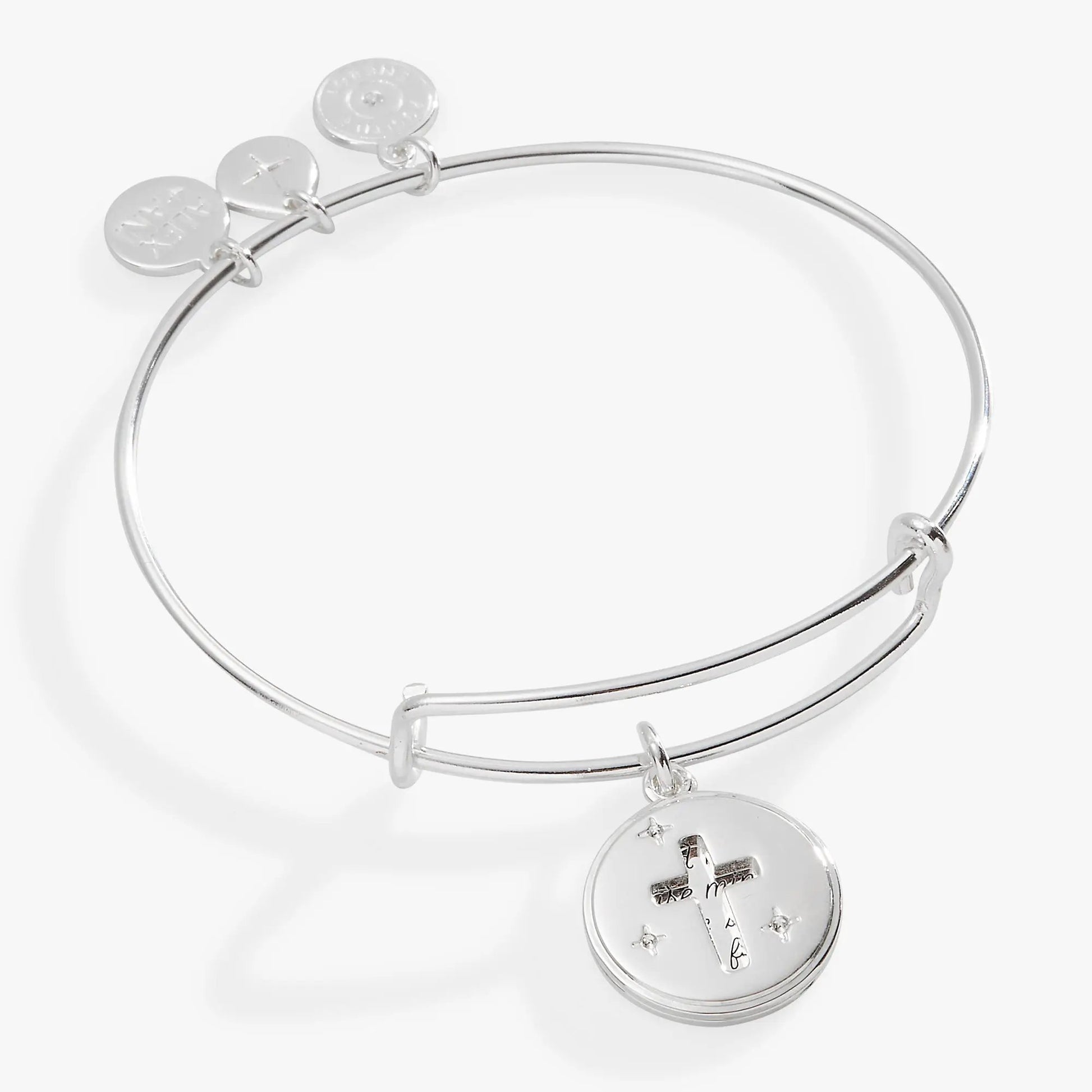 Hidden Message Cross Affirmation Bangle, silver-tone bracelet with round discs, Alex and Ani on Tampa Home & Garden Store