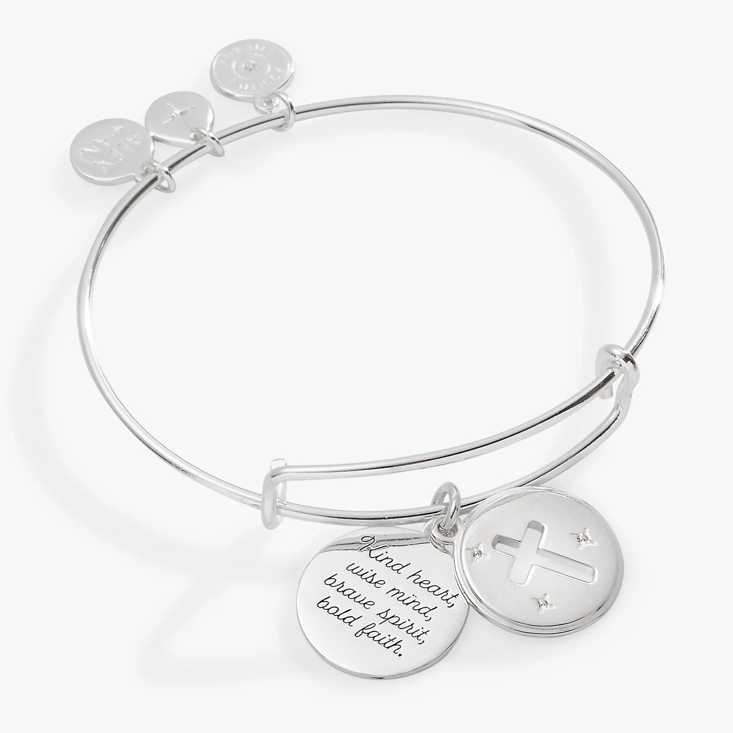 Hidden Message Cross Bangle bracelet by ALEX AND ANI, silver-tone with engraved discs on Tampa Home & Garden Store