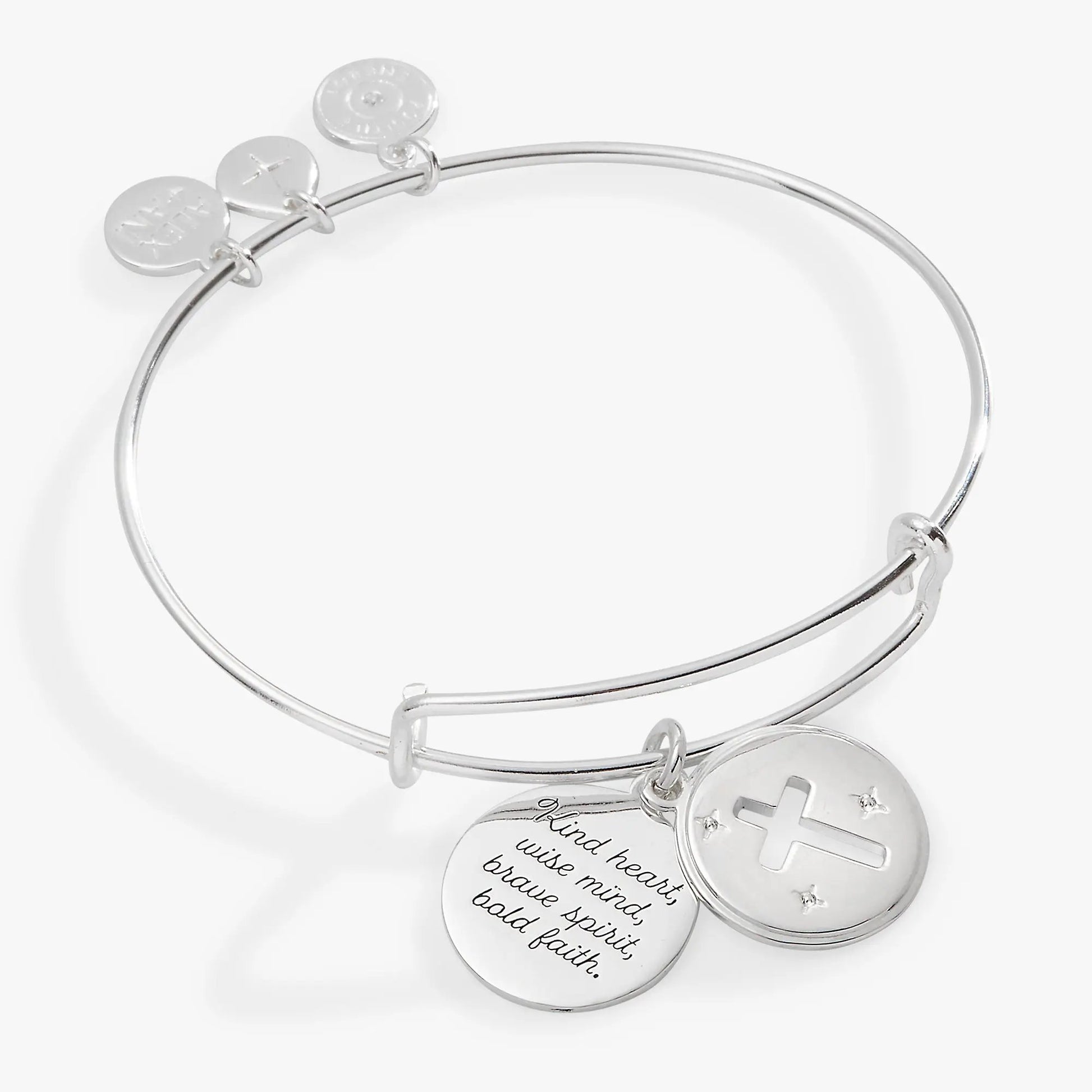 Hidden Message Cross Bangle bracelet by ALEX AND ANI, silver-tone with engraved discs on Tampa Home & Garden Store