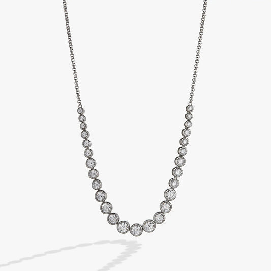 Crystal Tennis Necklace by ALEX AND ANI with bezel-set diamonds along a silver chain on Tampa Home & Garden Store
