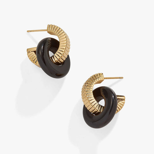 Black Onyx Textured Earrings by ALEX AND ANI, gold-tone ribbed hoops with black onyx discs, pair on Tampa Home & Garden Store