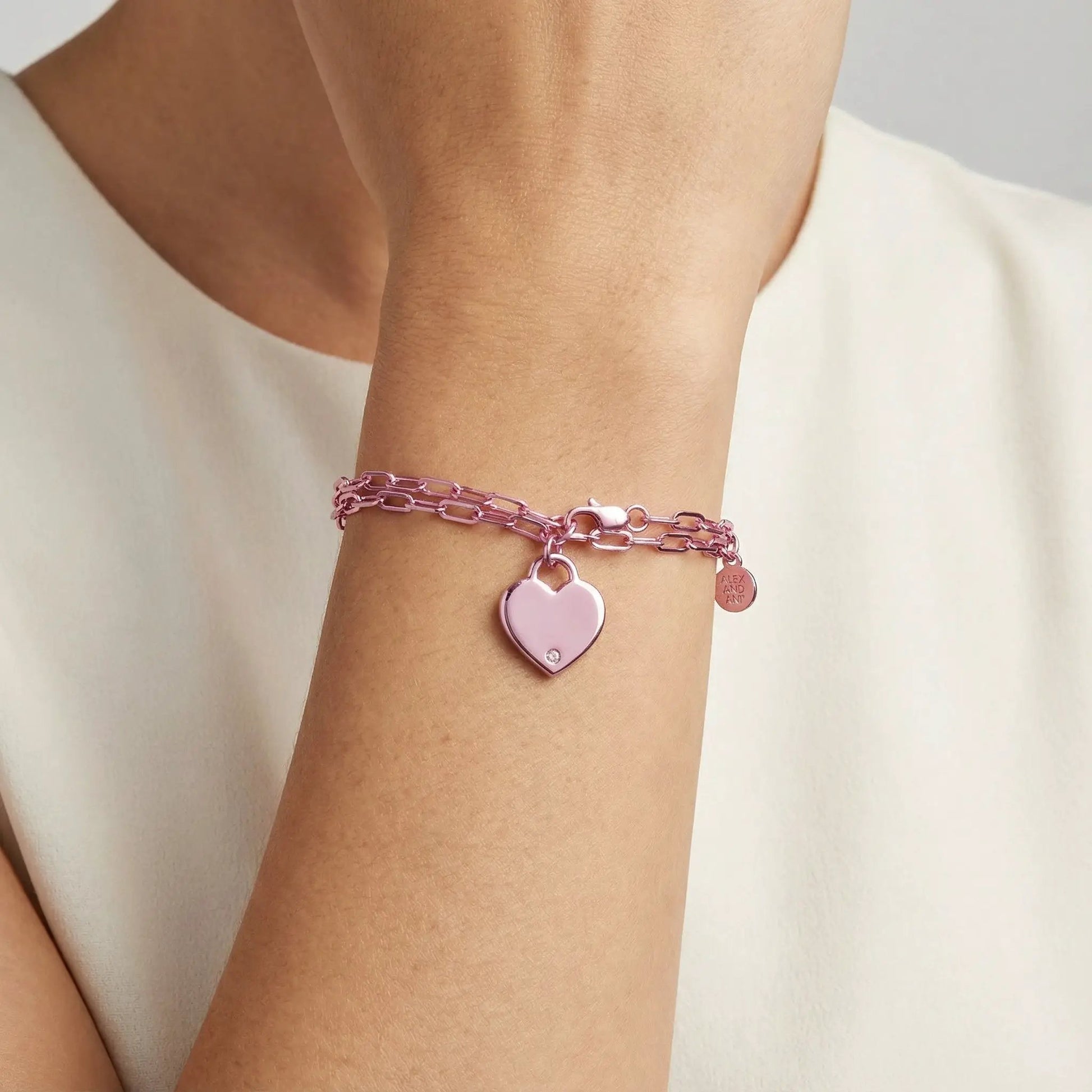 Heart Charm Double Paperclip Chain Bracelet pink by ALEX AND ANI worn on the wrist on Tampa Home & Garden Store