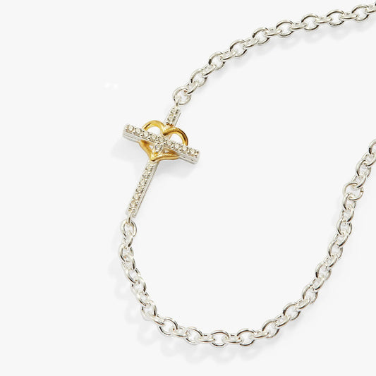 Cross and Heart Bracelet sterling silver chain with diamond-studded cross and gold-tone heart on Tampa Home & Garden Store