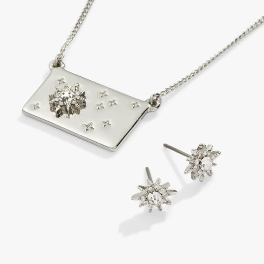 Starburst charm necklace and stud earrings gift set in silver-tone crystal-embellished pendant on Tampa Home & Garden Store