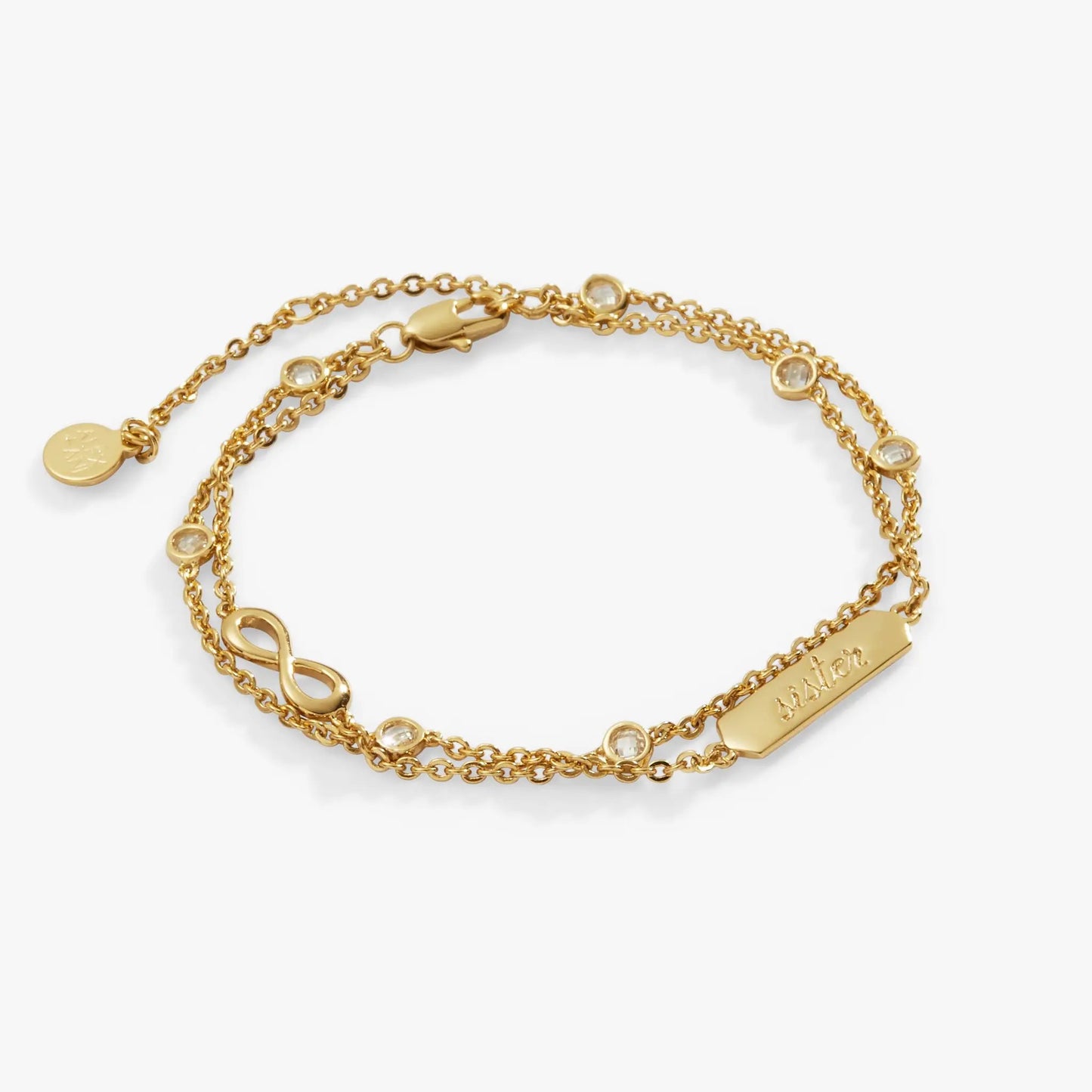 Alex and Ani Sister Infinity Chain Double Strand Bracelet, gold-tone with crystal bezel accents on Tampa Home & Garden Store