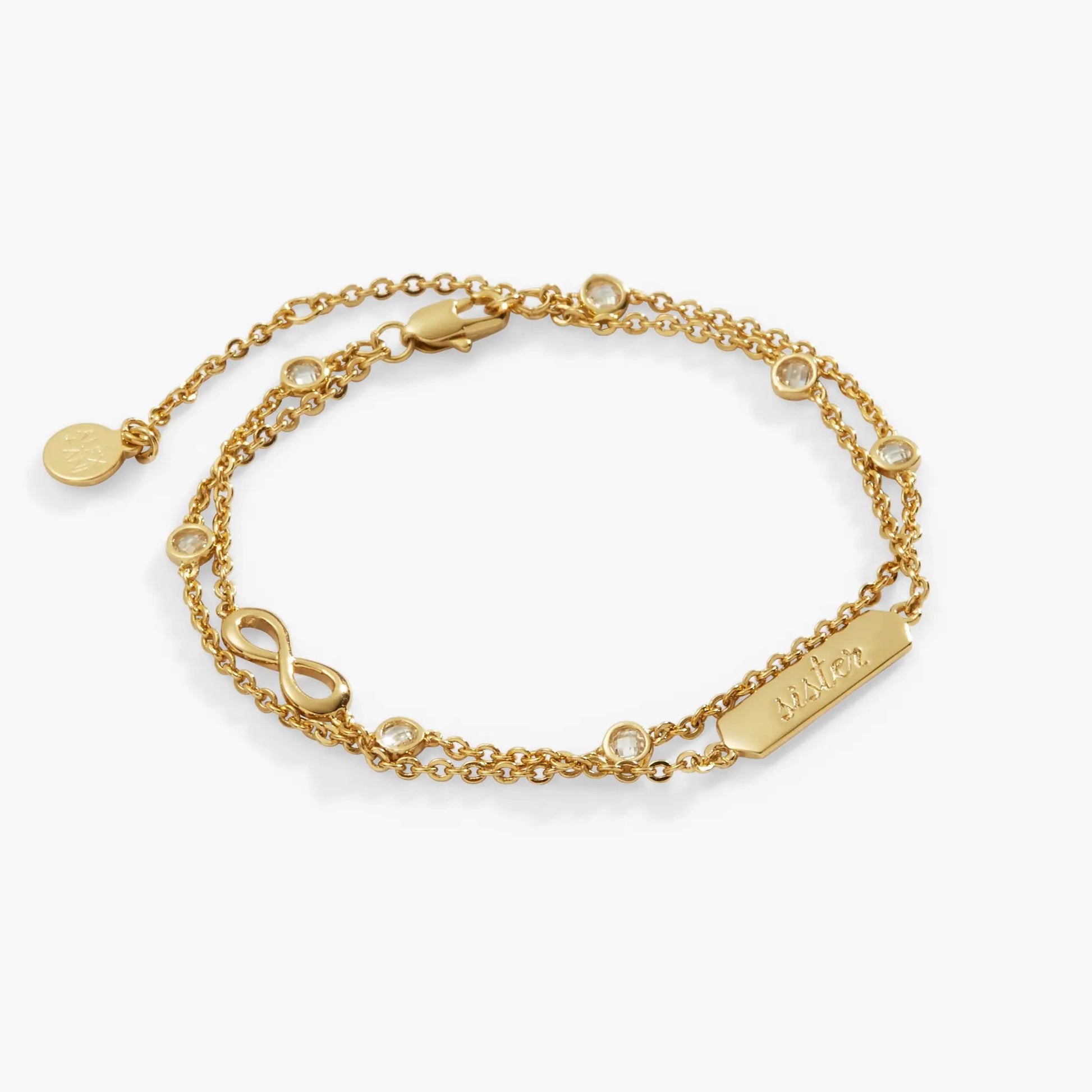 Alex and Ani Sister Infinity Chain Double Strand Bracelet, gold-tone with crystal bezel accents on Tampa Home & Garden Store