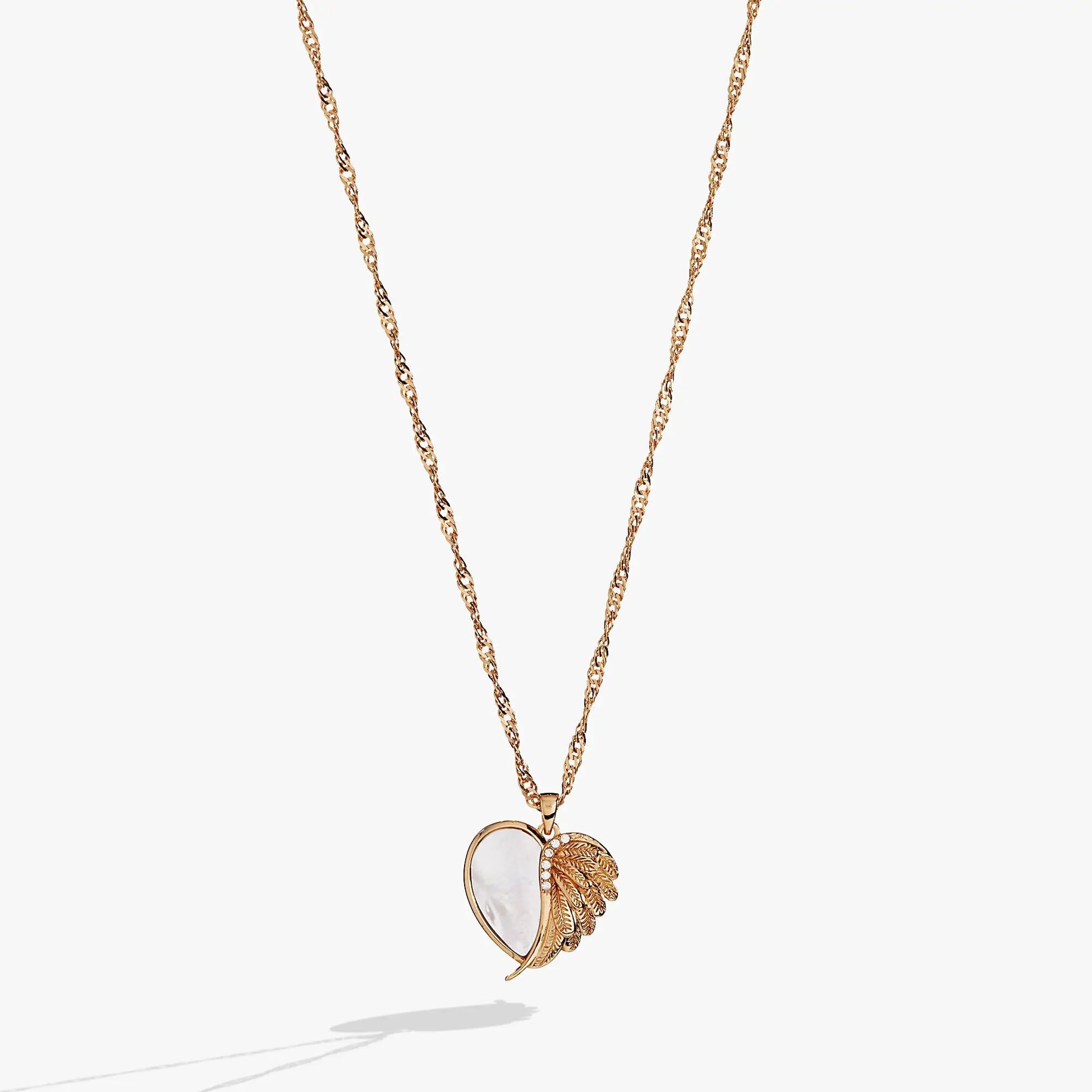 Wings of Protection Charm Necklace, gold-tone chain with winged pendant and mother-of-pearl on Tampa Home & Garden Store