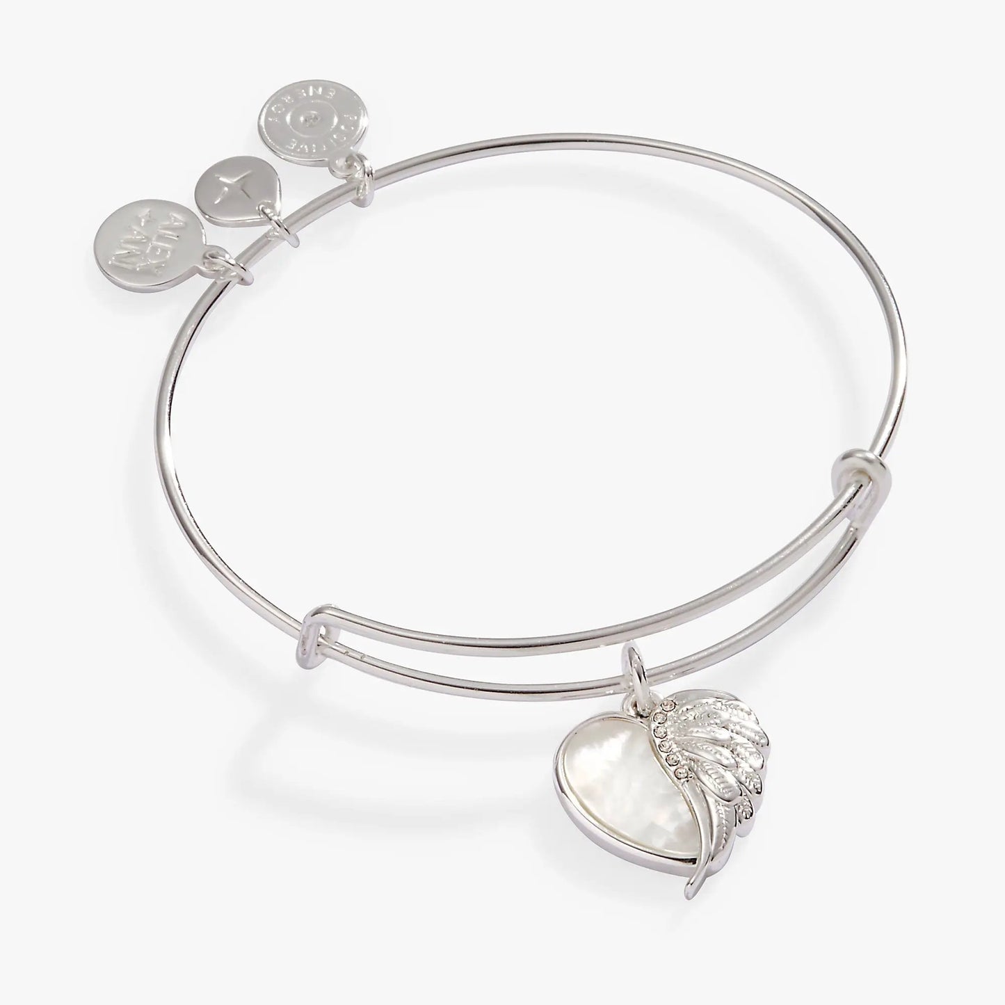 Wings of Protection Charm Bangle by Alex and Ani silver bracelet with wing pendant and round disk charms on Tampa Home & Garden Store